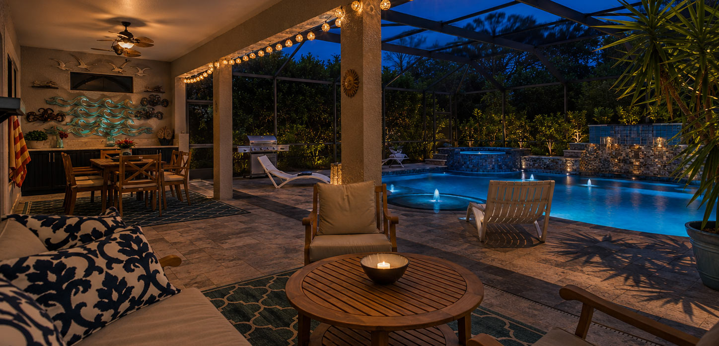 The Sarasota retreat pool and outdoor lounge in the evening